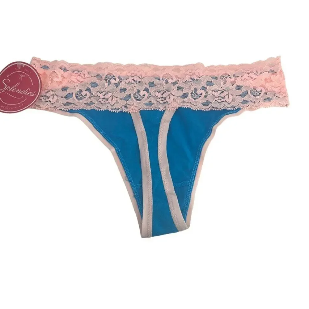 Splendies Thong Panty Blue Pink Trim Lace Accent Womens Size Small